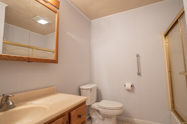 bathroom featuring visible vents, crown molding, vanity, and toilet