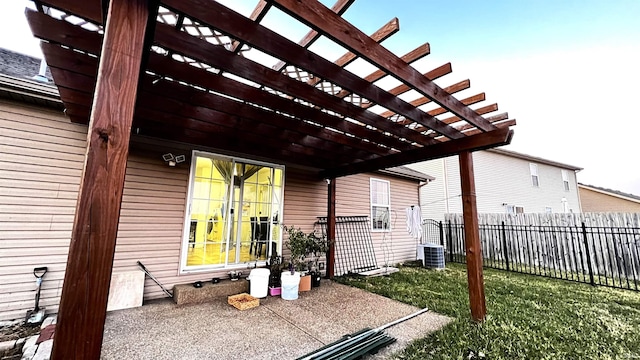 view of property exterior featuring fence, cooling unit, a yard, a patio area, and a pergola