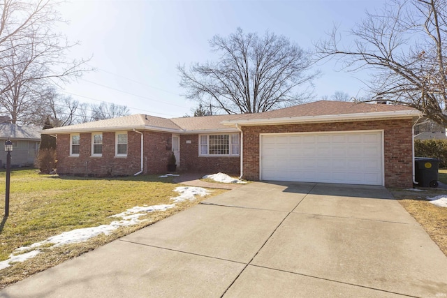 ranch-style home with concrete driveway, an attached garage, cooling unit, a front lawn, and brick siding