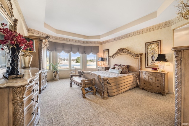 bedroom with a tray ceiling, carpet, and baseboards