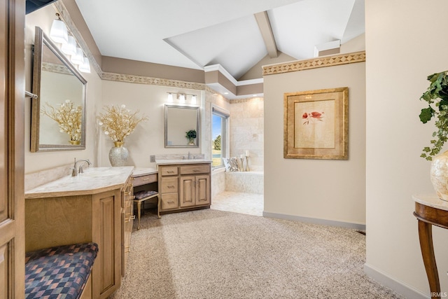 full bathroom featuring vaulted ceiling with beams, a sink, two vanities, baseboards, and a bath