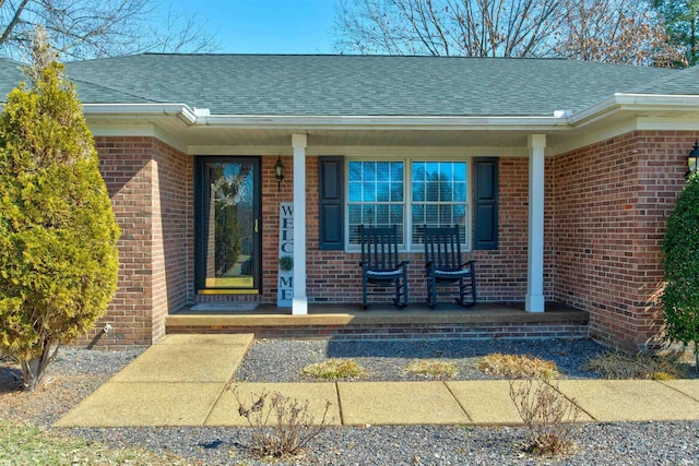 entrance to property with brick siding, a porch, and a shingled roof