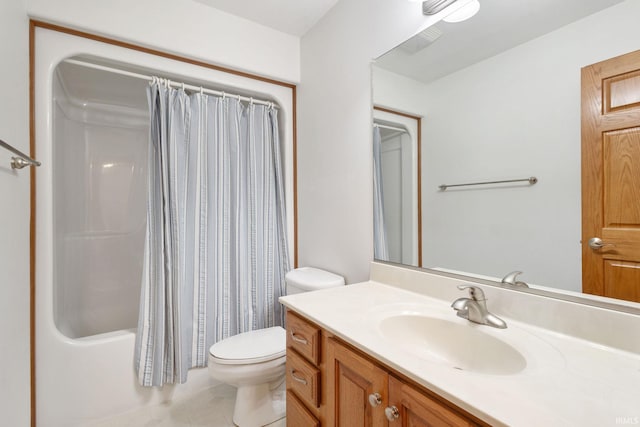 full bath featuring shower / tub combo, vanity, and toilet