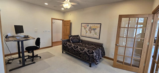 bedroom with carpet floors, baseboards, and recessed lighting