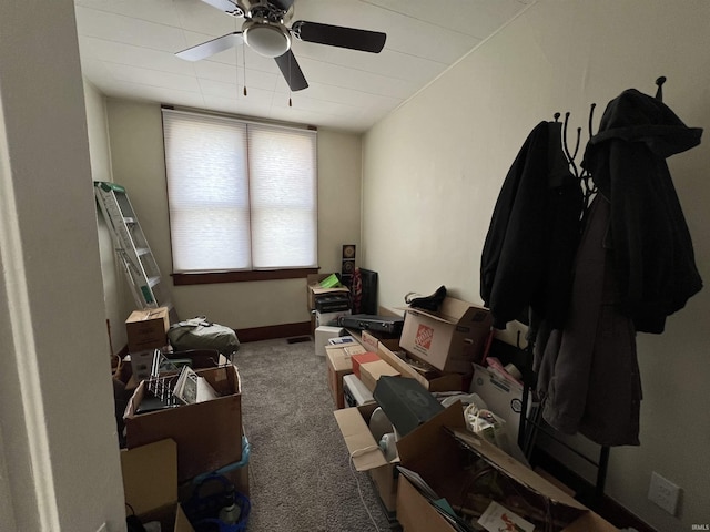 interior space featuring a ceiling fan, carpet, and baseboards