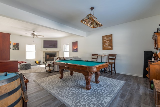 recreation room featuring billiards, baseboards, a ceiling fan, a tile fireplace, and dark wood-style flooring