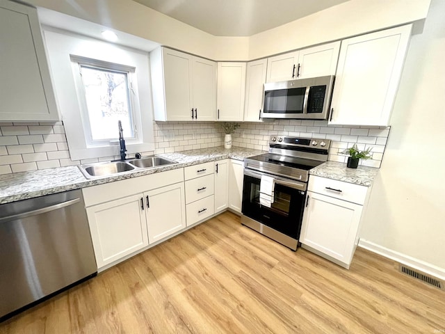 kitchen featuring white cabinets, stainless steel appliances, and a sink