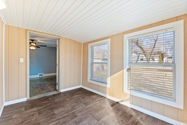 unfurnished room featuring wooden ceiling, wood walls, visible vents, baseboards, and dark wood finished floors