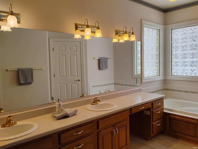 bathroom with double vanity, a garden tub, and a sink