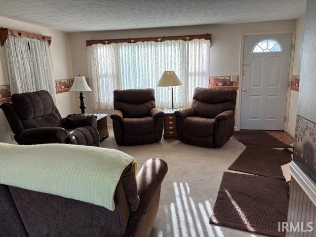 living area featuring a textured ceiling