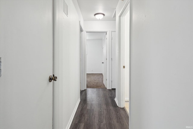 hall with baseboards and dark wood-type flooring