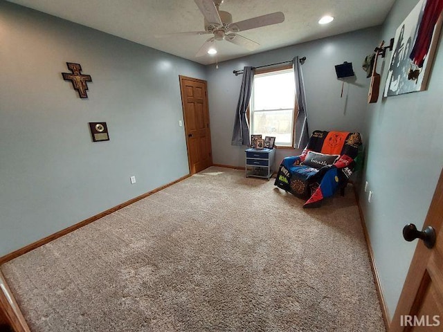 carpeted bedroom featuring ceiling fan, recessed lighting, and baseboards