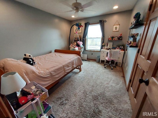 bedroom featuring baseboards, carpet floors, ceiling fan, and recessed lighting