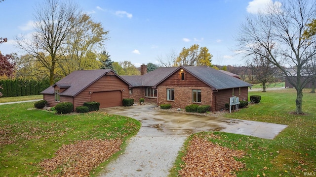 view of front of home with a garage, a front yard, concrete driveway, and a chimney