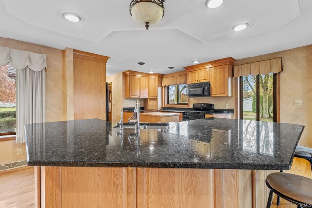 kitchen with a sink, visible vents, black appliances, light wood finished floors, and dark stone countertops