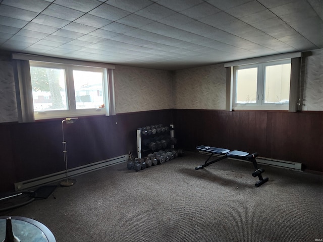 exercise area with baseboard heating, a wainscoted wall, and carpet flooring