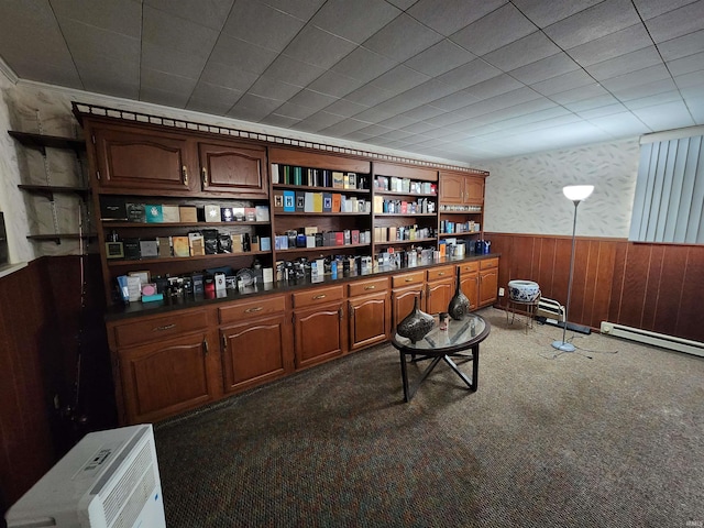 living area featuring wooden walls, baseboard heating, dark colored carpet, and wainscoting