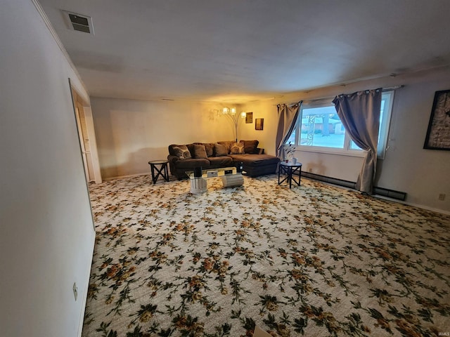 living area with carpet floors, baseboards, and visible vents