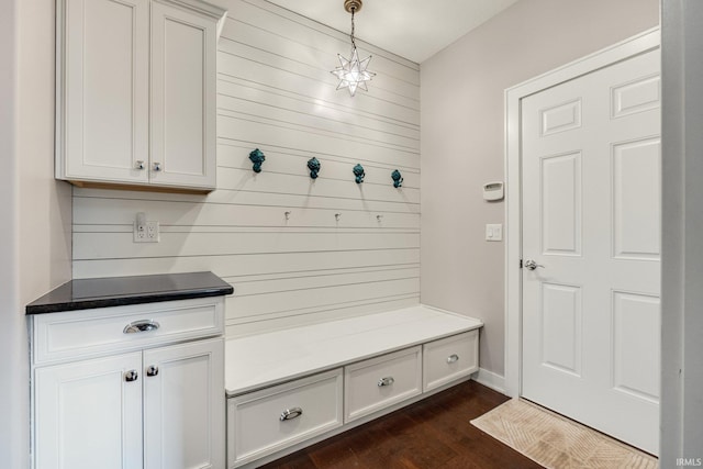 mudroom with dark wood-type flooring and wooden walls