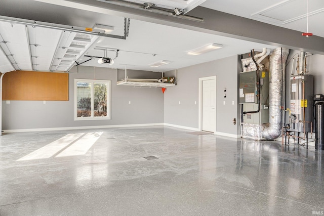 garage featuring a garage door opener, gas water heater, baseboards, and heating unit