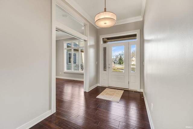 entrance foyer featuring ornamental molding, dark wood-style flooring, and a wealth of natural light