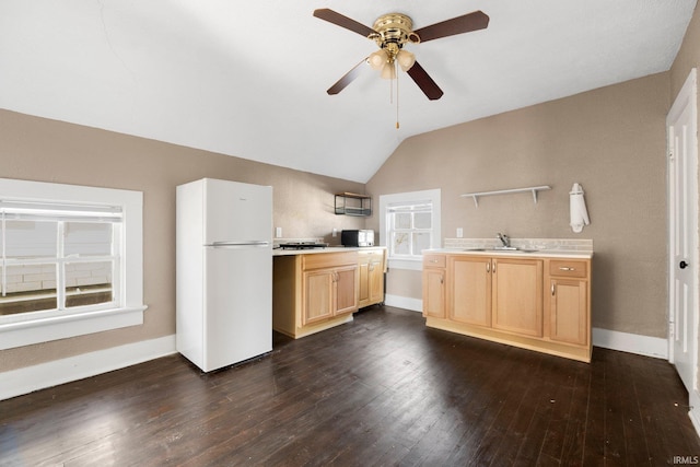 kitchen with dark wood-style flooring, a sink, light countertops, freestanding refrigerator, and light brown cabinetry