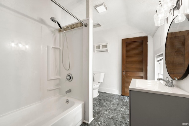 full bathroom featuring toilet, vanity, visible vents, vaulted ceiling, and  shower combination