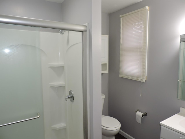 bathroom featuring vanity, a shower stall, and toilet