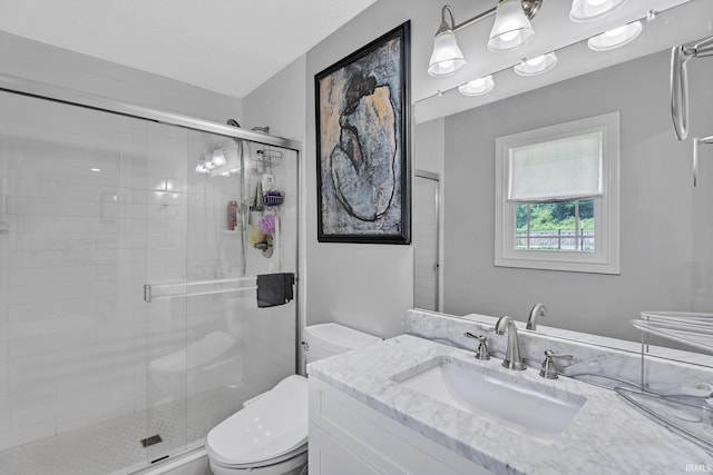 bathroom featuring toilet, a shower stall, and vanity