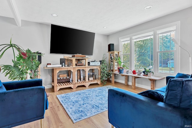 living area with light wood-style floors, baseboards, a textured ceiling, and recessed lighting