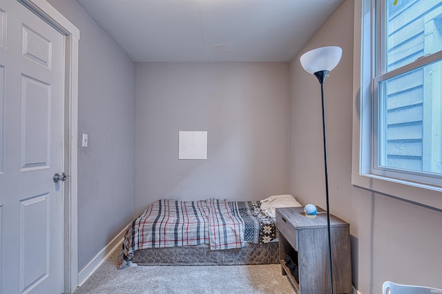 carpeted bedroom featuring multiple windows and baseboards