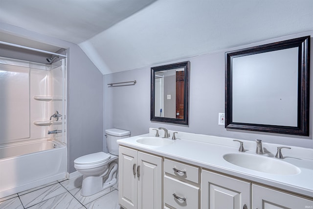 full bathroom with toilet, double vanity, a sink, and shower / bathing tub combination