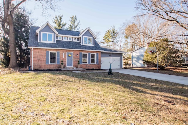 view of front of property featuring a garage, concrete driveway, brick siding, and a front yard