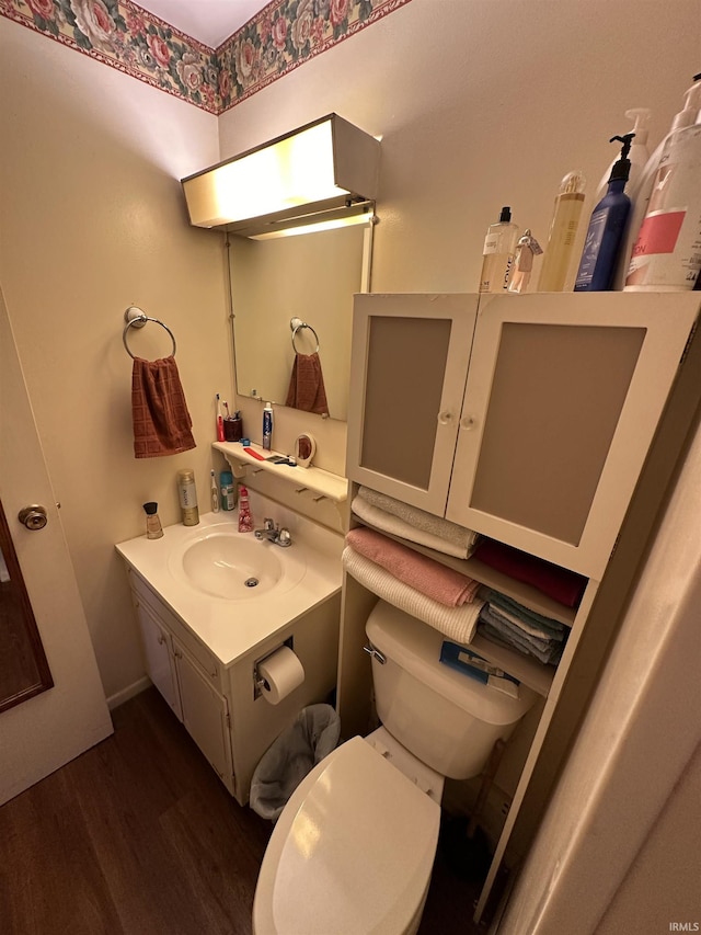 bathroom featuring vanity, toilet, and wood finished floors