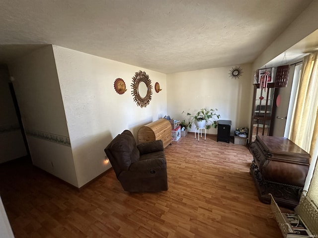 living area featuring a textured ceiling and wood finished floors