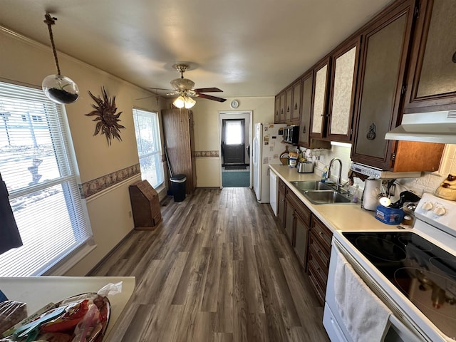 kitchen with light countertops, hanging light fixtures, a sink, white appliances, and under cabinet range hood