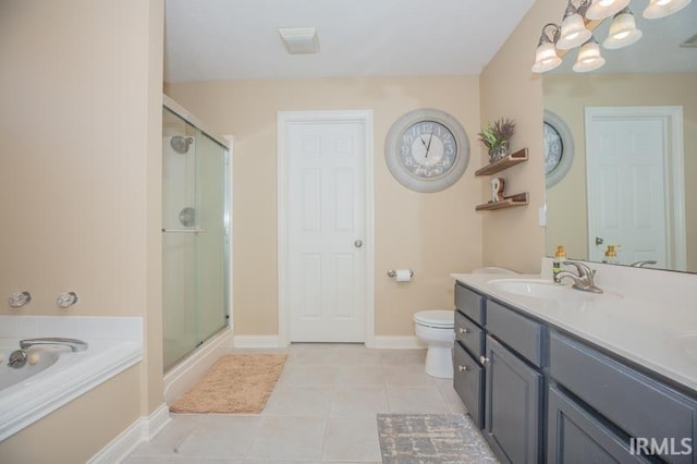 full bath featuring a bath, a shower stall, toilet, and tile patterned floors