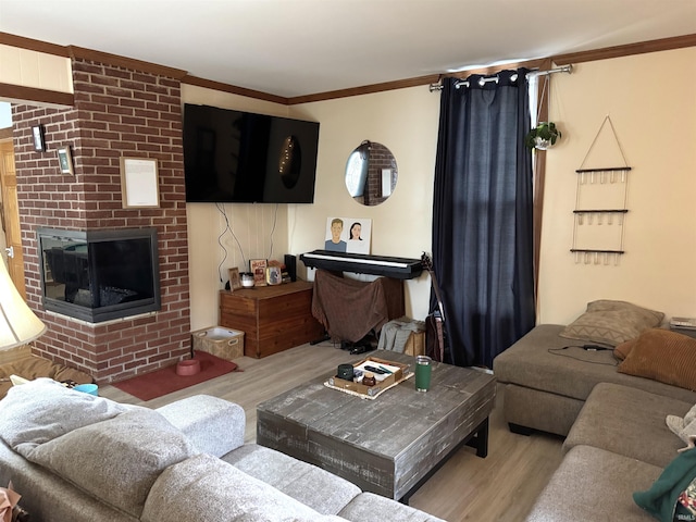 living room with ornamental molding, a fireplace, and wood finished floors