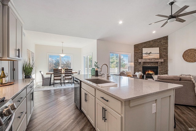 kitchen featuring dark wood-style flooring, a fireplace, lofted ceiling, appliances with stainless steel finishes, and a sink