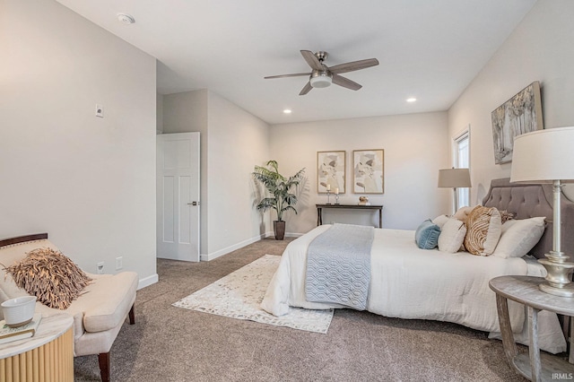 carpeted bedroom featuring recessed lighting, ceiling fan, and baseboards