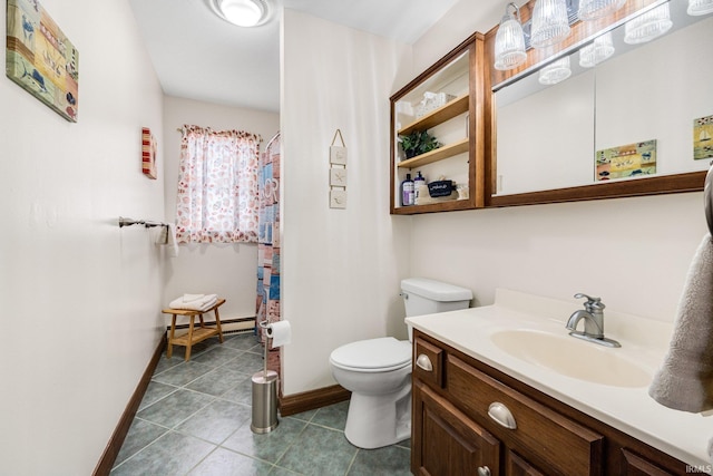 bathroom with tile patterned flooring, toilet, vanity, baseboards, and a shower with curtain