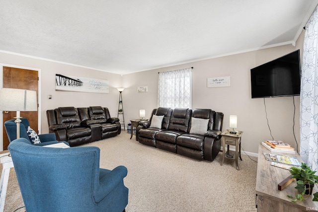 carpeted living room with crown molding and baseboards