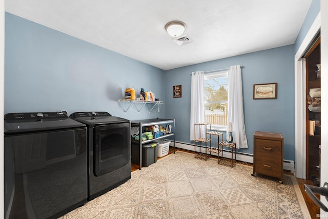 laundry room with laundry area, washer and clothes dryer, baseboard heating, and visible vents