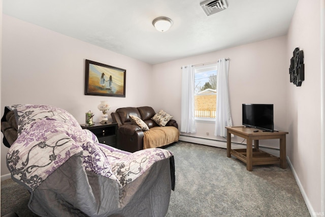 carpeted living area with a baseboard radiator, visible vents, and baseboards