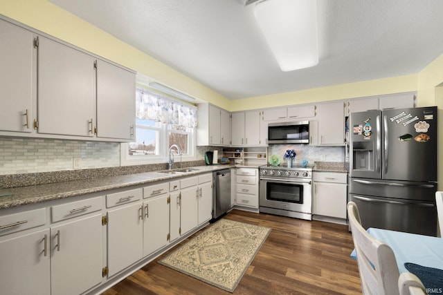 kitchen with appliances with stainless steel finishes, dark wood-type flooring, a sink, and backsplash