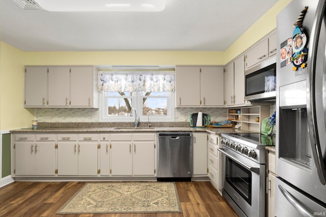 kitchen featuring appliances with stainless steel finishes, dark wood-style flooring, a sink, and decorative backsplash