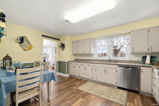 kitchen with tasteful backsplash, visible vents, dark wood-style floors, stainless steel dishwasher, and a sink