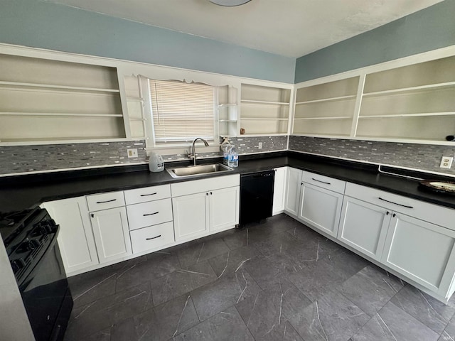 kitchen featuring dark countertops, a sink, black appliances, and open shelves