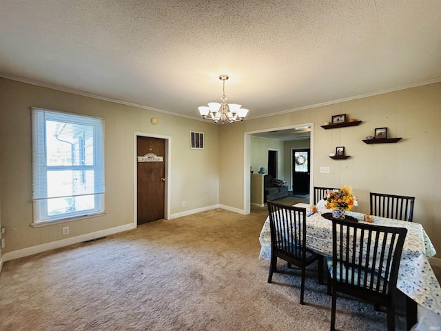 carpeted dining area featuring a notable chandelier, crown molding, and a textured ceiling