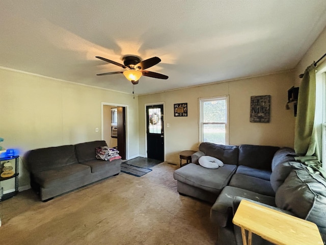 carpeted living room with a ceiling fan and a textured ceiling